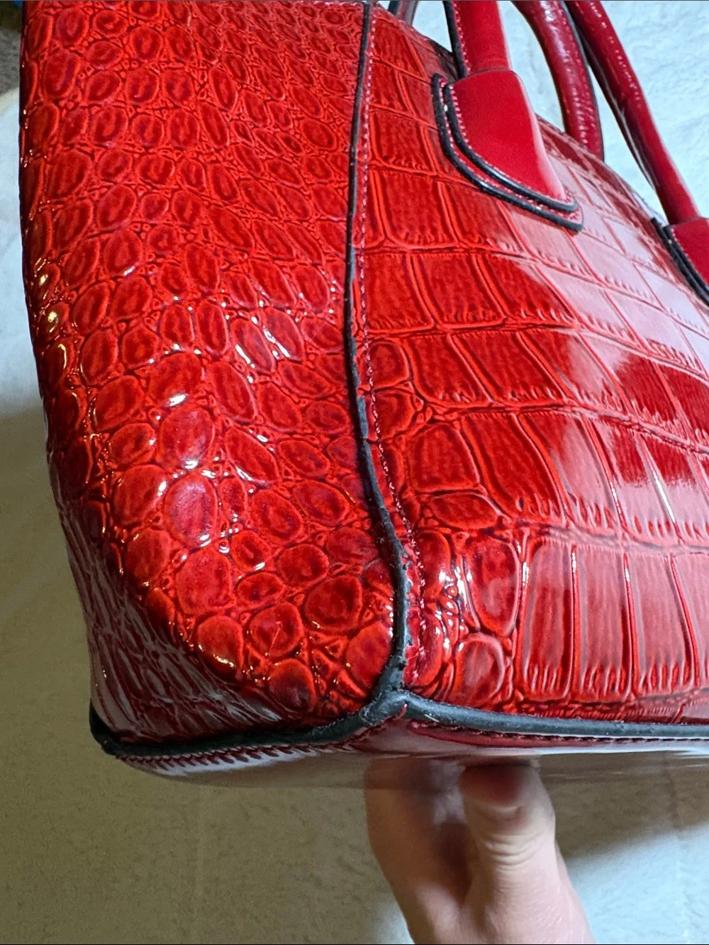 Red Croc-Embossed Bag with Matching Pouch